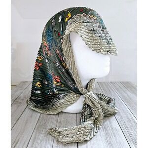Olive Green Floral Pleated Ruffled Fan Style Head Wrap Scarf with Silver
